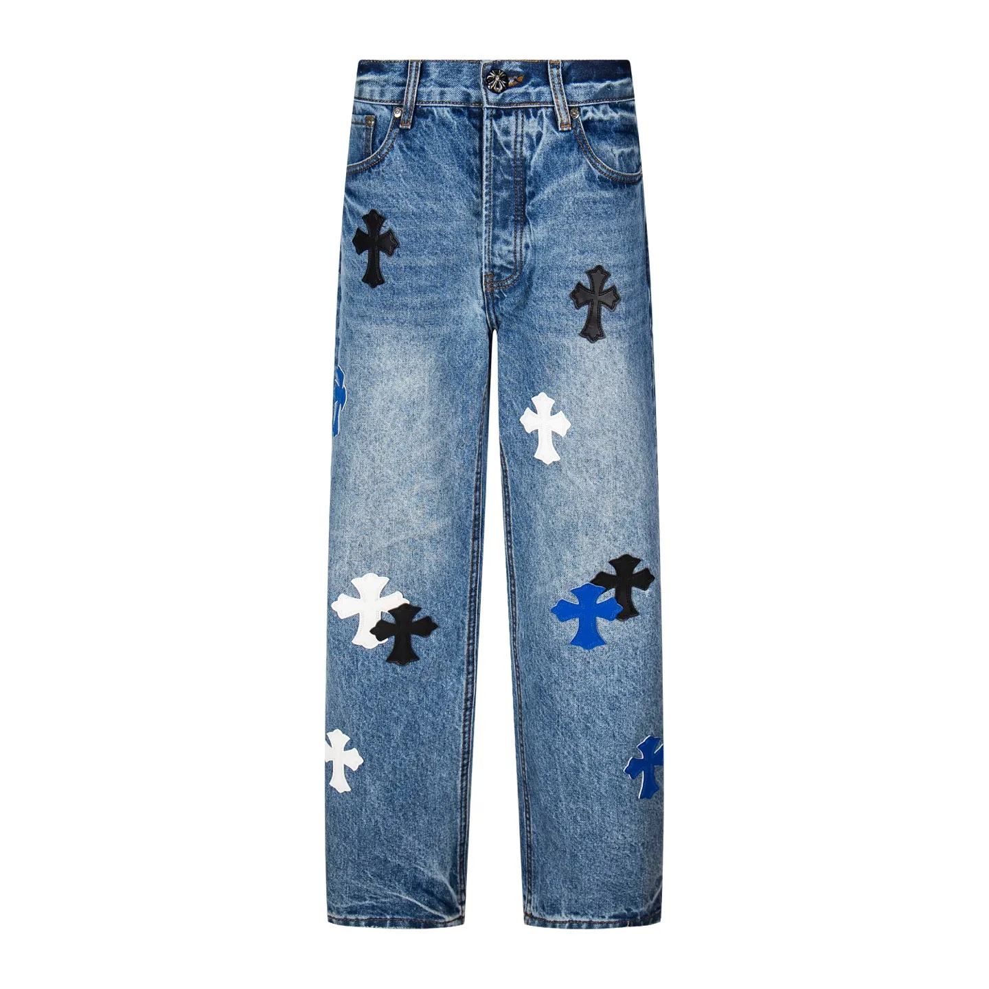 P270 💰 (Top version) Chrome Hearts blue pants black white blue multi-leather jeans Top version Chrome Hearts Chrome Hearts jeans with leather jeans It is known that chromehearts jeans use vintage Levis jeans as the base for creation, usually adding their own unique silver buckles and silver ornaments, plus leather embellishments. This is what doubles the value of these vintage jeans, because the base is Vintage jeans, jeans themselves have become very soft and comfortable after years of baptism, which can be distinguished from ordinary jeans. Regarding the size, you should also refer to the pants data. Color: blue Size: 28-30-32-34-36 (corresponding to S-M-L-XL-XXL)